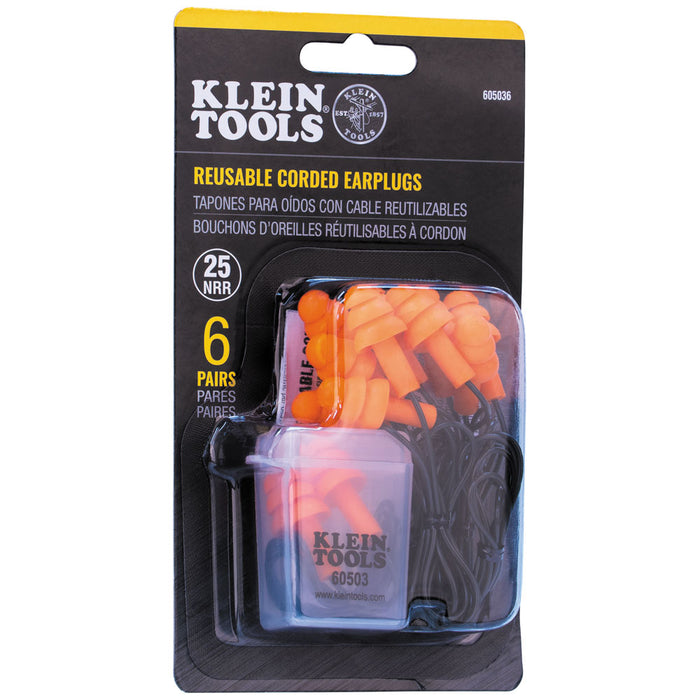 Klein Tools Corded Earplugs, 6 Pairs with pocket case, Model 605036