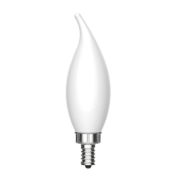 Current Lighting LED Candelabra. E12 base. Bent tip. White glass. 2700K, -20 to 40°C. Low energy, long life replacements. 80 CRI.