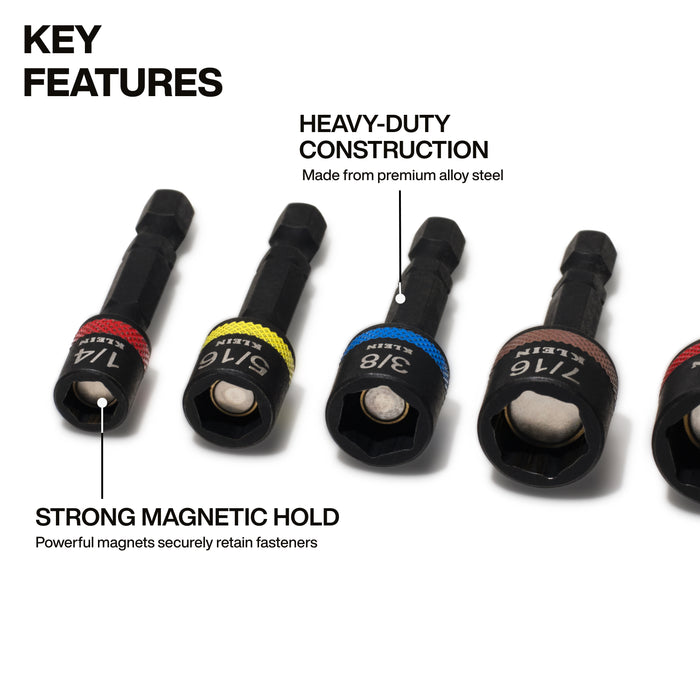 Klein Tools Magnetic Power Nut Setters, 2-Inch Shaft, 5-Piece