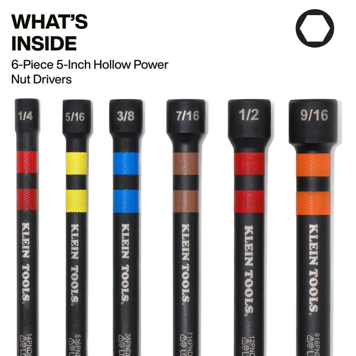 Klein Tools Magnetic Hollow Color-Coded Power Nut Drivers Set, 6-Piece