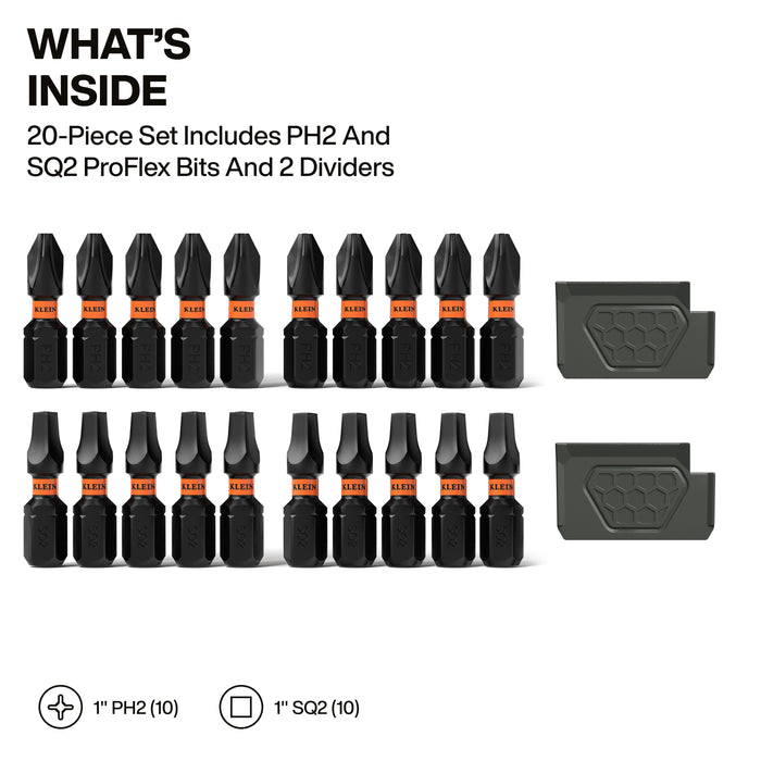 Klein Tools Slim ProFlex Impact-Rated Bit Set, Phillips #2 and Square #2, 20-Piece