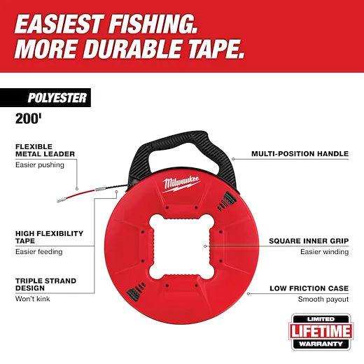 Milwaukee Polyester Fish Tape with Flexible Metal Leader, 200 FT, Model 48-22-4197*