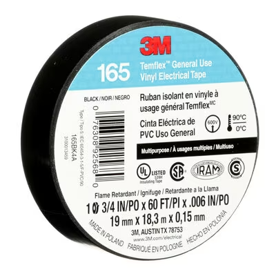 3M Canada Temflex General Use Vinyl Electrical Tape 165, Black, 3/4in x 60 ft, Model 165BK4A*