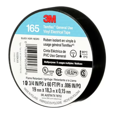 3M Canada Temflex General Use Vinyl Electrical Tape 165, Black, 3/4in x 60 ft, Model 165BK4A*