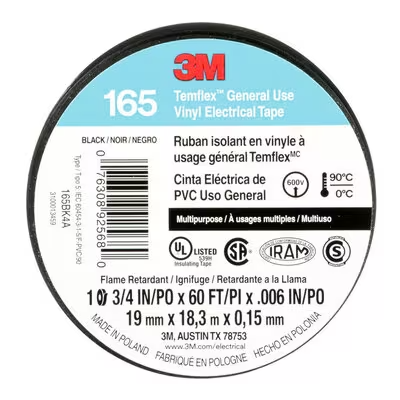 3M Canada Temflex General Use Vinyl Electrical Tape 165, Black, 3/4in x 60 ft, Model 165BK4A*