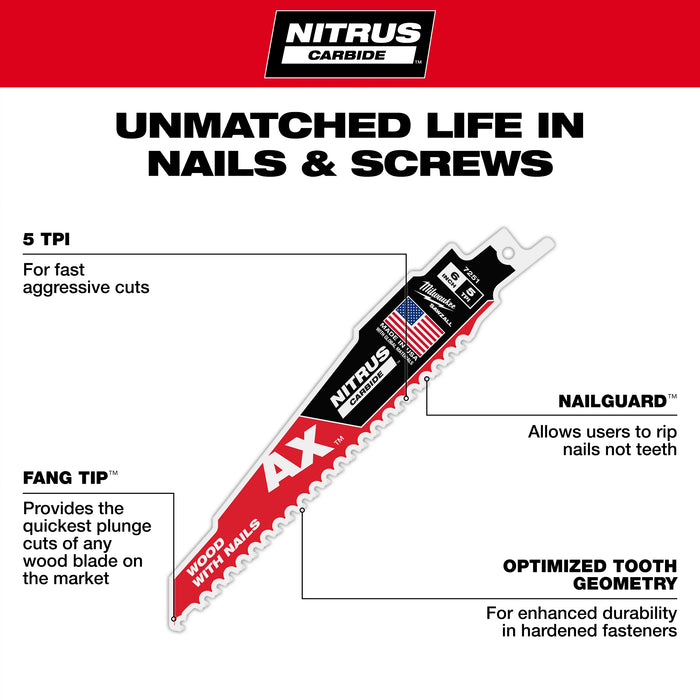 Milwaukee 6" 5 TPI AX w/NITRUS Carbide Teeth SAWZALL Blade for Wood with Nails 3PK