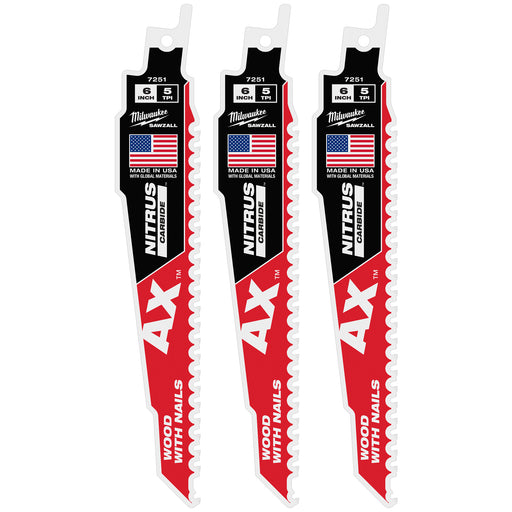 Milwaukee 6" 5 TPI AX w/NITRUS Carbide Teeth SAWZALL Blade for Wood with Nails 3PK