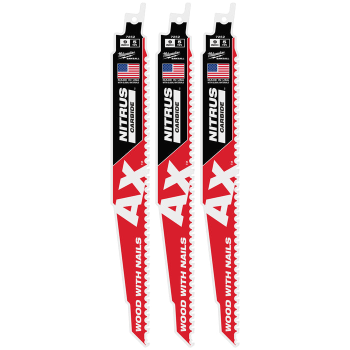 Milwaukee 9" 5 TPI AX w/NITRUS Carbide Teeth SAWZALL Blade for Wood with Nails 3PK