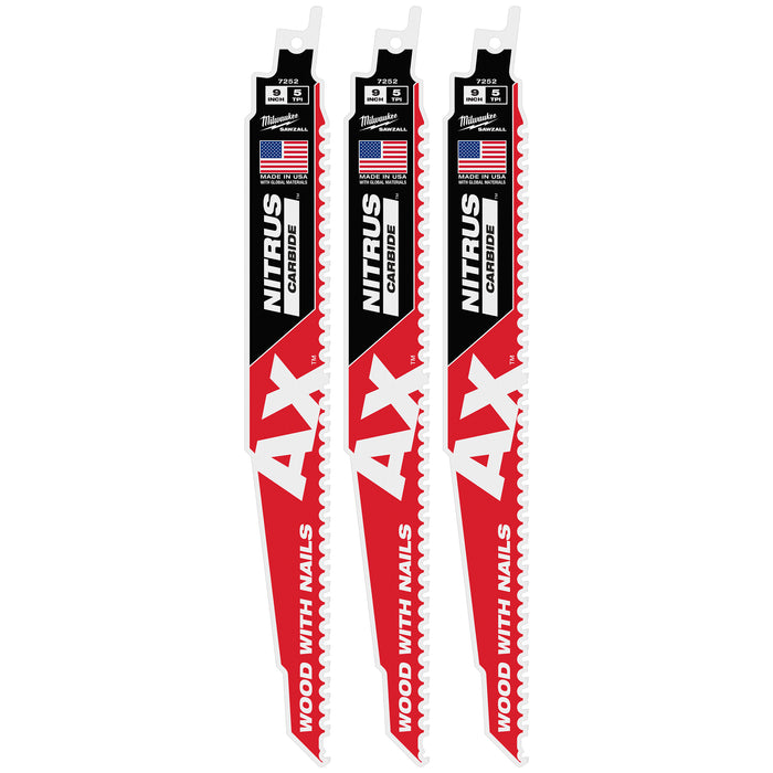 Milwaukee 9" 5 TPI AX w/NITRUS Carbide Teeth SAWZALL Blade for Wood with Nails 3PK