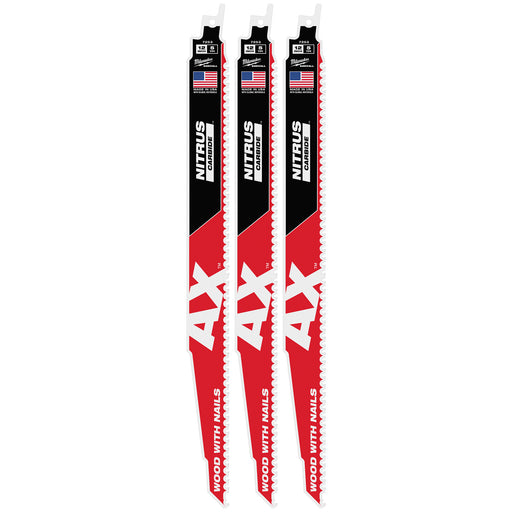 Milwaukee 12" 5 TPI AX w/NITRUS Carbide Teeth SAWZALL Blade for Wood with Nails 3PK