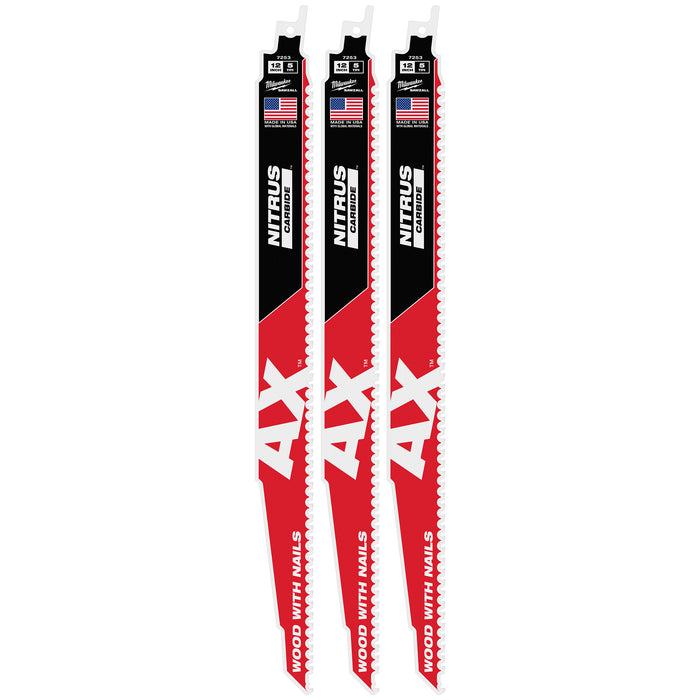 Milwaukee 12" 5 TPI AX w/NITRUS Carbide Teeth SAWZALL Blade for Wood with Nails 3PK