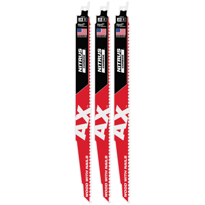 Milwaukee 12" 5 TPI AX w/NITRUS Carbide Teeth SAWZALL Blade for Wood with Nails 3PK