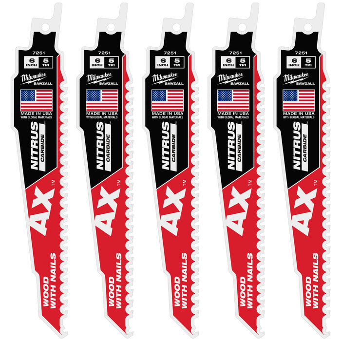 Milwaukee 6" 5 TPI AX w/NITRUS Carbide Teeth SAWZALL Blade for Wood with Nails 5PK