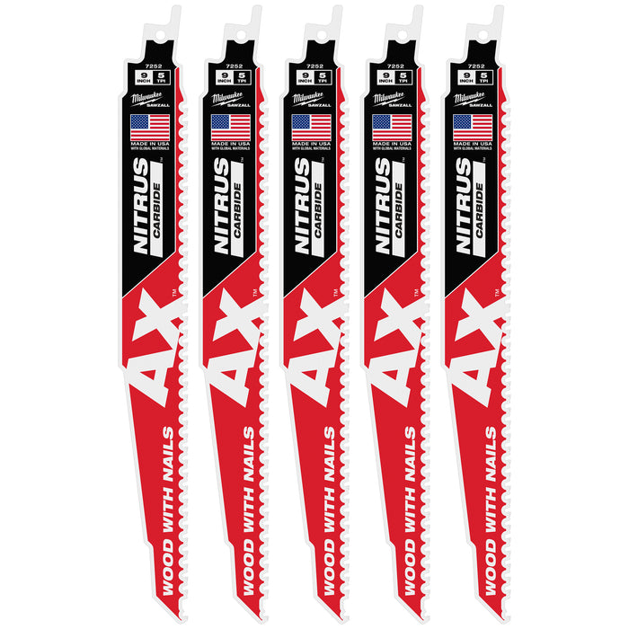 Milwaukee 9" 5 TPI AX w/NITRUS Carbide Teeth SAWZALL Blade for Wood with Nails 5PK