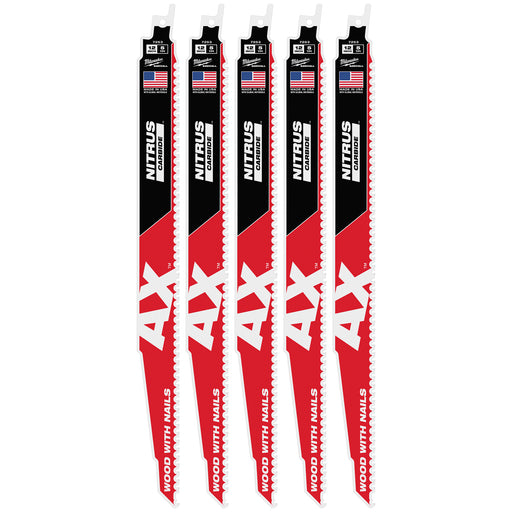 Milwaukee 12" 5 TPI AX w/NITRUS Carbide Teeth SAWZALL Blade for Wood with Nails 5PK