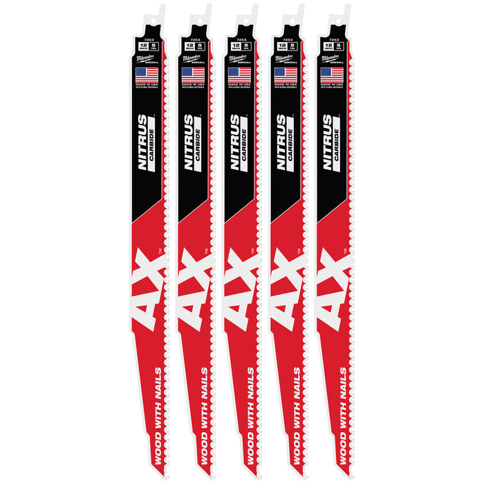 Milwaukee 12" 5 TPI AX w/NITRUS Carbide Teeth SAWZALL Blade for Wood with Nails 5PK