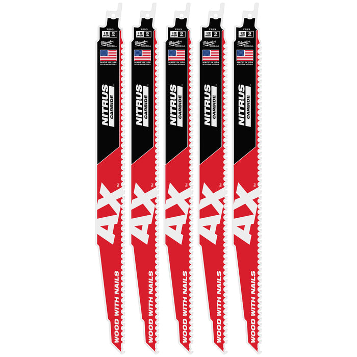 Milwaukee 12" 5 TPI AX w/NITRUS Carbide Teeth SAWZALL Blade for Wood with Nails 5PK
