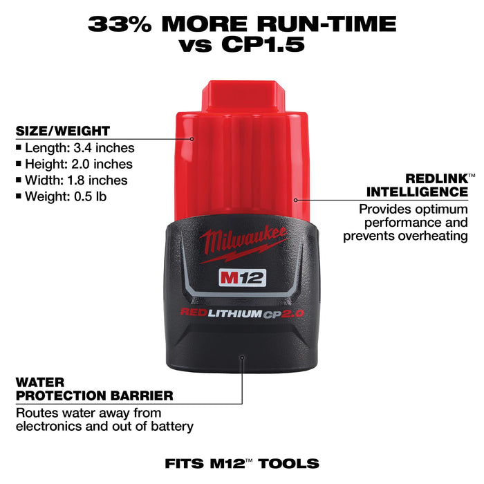 Milwaukee M12 REDLITHIUM CP2.0 Battery Two Pack
