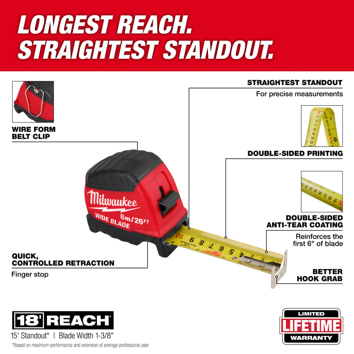 Milwaukee 8m/26ft Wide Blade Tape Measure