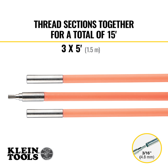 Klein Tools Lo Flex Glow Fish Rod, 15', Orange, Model 50153*