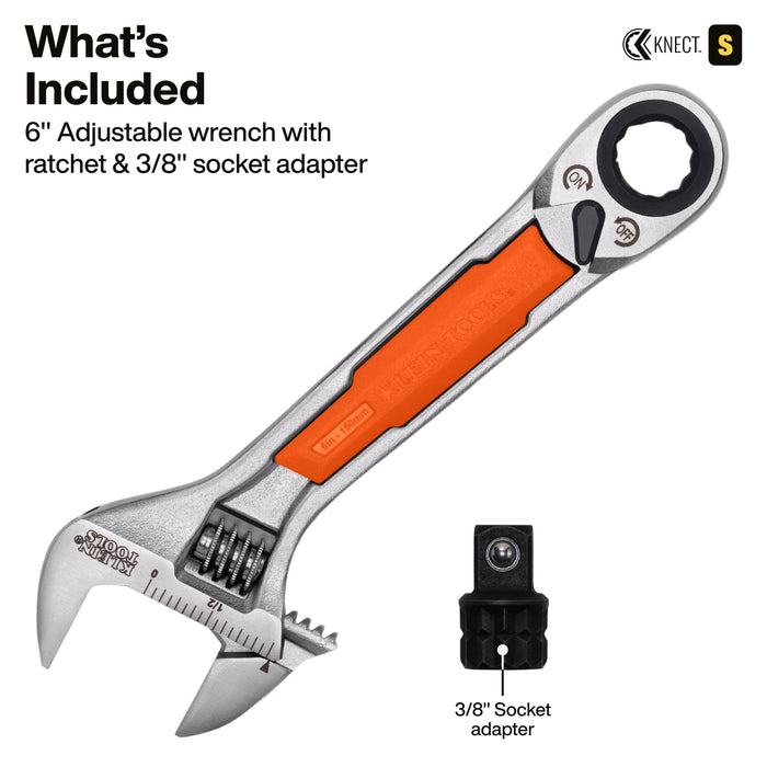Klein Tools KNECT(TM) 6-Inch Adjustable Wrench with Pass-Through Ratchet