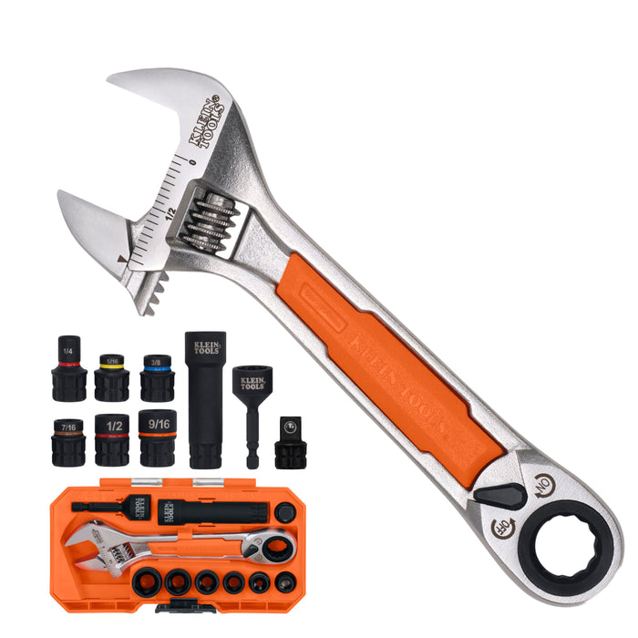 Klein Tools KNECT(TM) 6-Inch Adjustable Wrench with Pass-Through Ratchet Set, 10-Piece