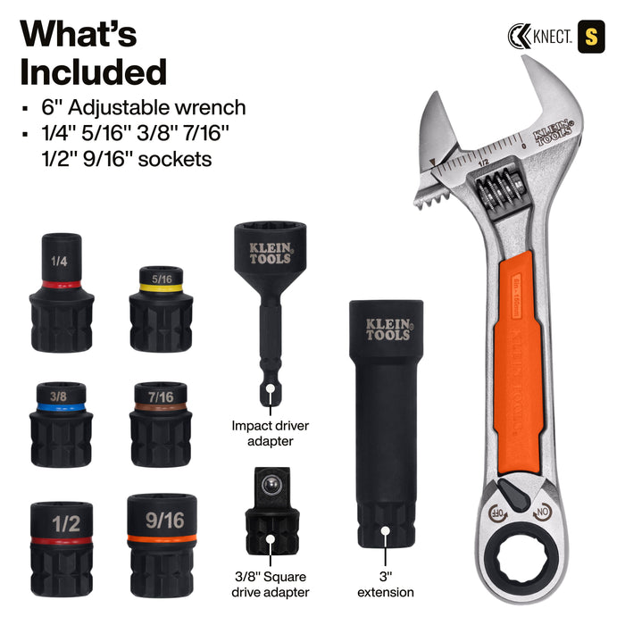 Klein Tools KNECT(TM) 6-Inch Adjustable Wrench with Pass-Through Ratchet Set, 10-Piece