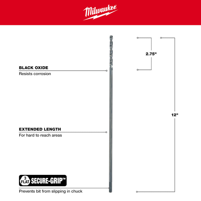 Milwaukee 1/4" x 12" Aircraft Length Black Oxide Drill Bit