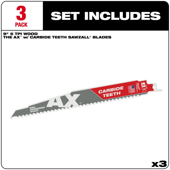 Milwaukee 9" 5 TPI AX™ with Carbide Teeth for Wood with Nails SAWZALL® Blade (3 PK)