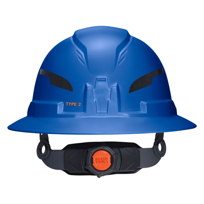 Klein Tools Class E Type-2 Hard Hat, Non-Vented Full Brim Style with Strap, Blue