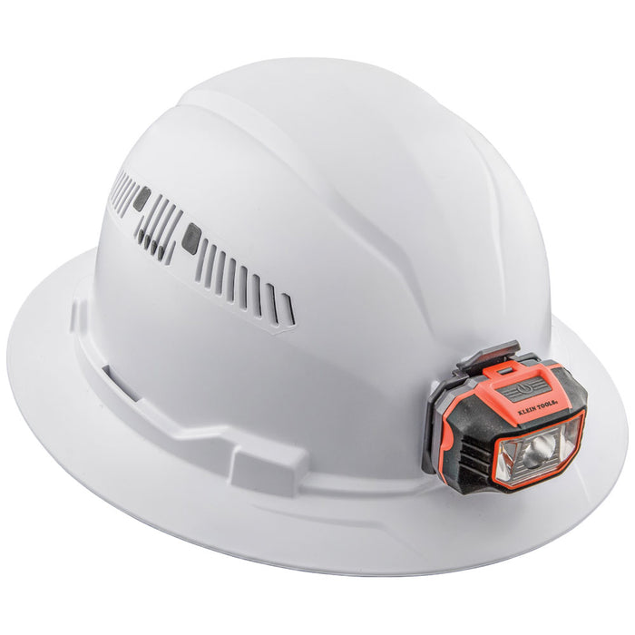 Klein Tools Hard Hat, Vented, Full Brim with Headlamp, White, Model 60407
