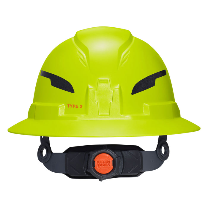 Klein Tools Class E Type-2 Hard Hat, Non-Vented Full Brim Style with Strap, High Visibility Lime