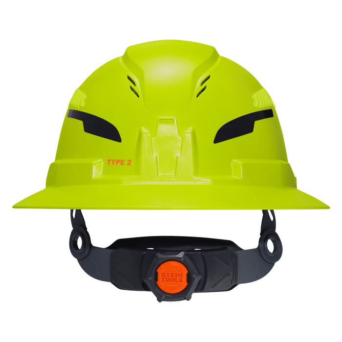 Klein Tools Class C Type-2 Hard Hat, Vented Full Brim with Strap, High Visibility Lime