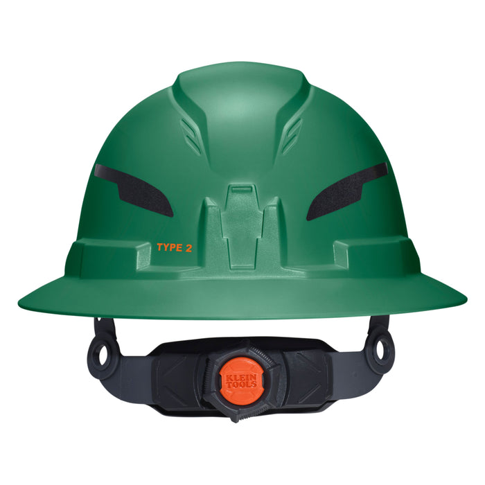 Klein Tools Class E Type-2 Hard Hat, Non-Vented Full Brim Style with Strap, Green