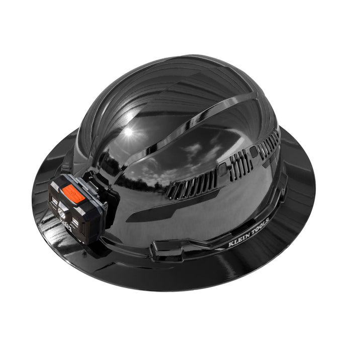 Klein Tools Hard Hat, REFLEKTOR Black Chrome, Vented Full Brim, Class C, Headlamp
