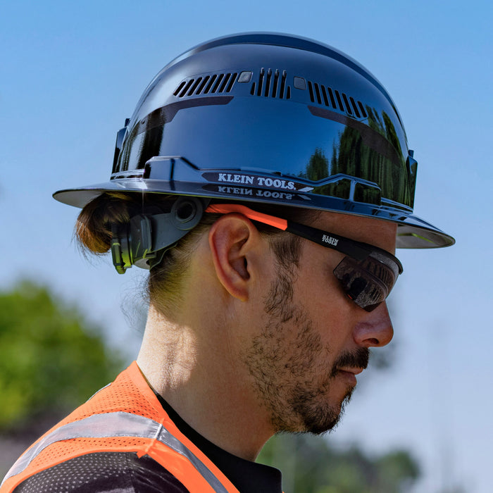 Klein Tools Hard Hat, REFLEKTOR Black Chrome, Vented Full Brim, Class C, Headlamp