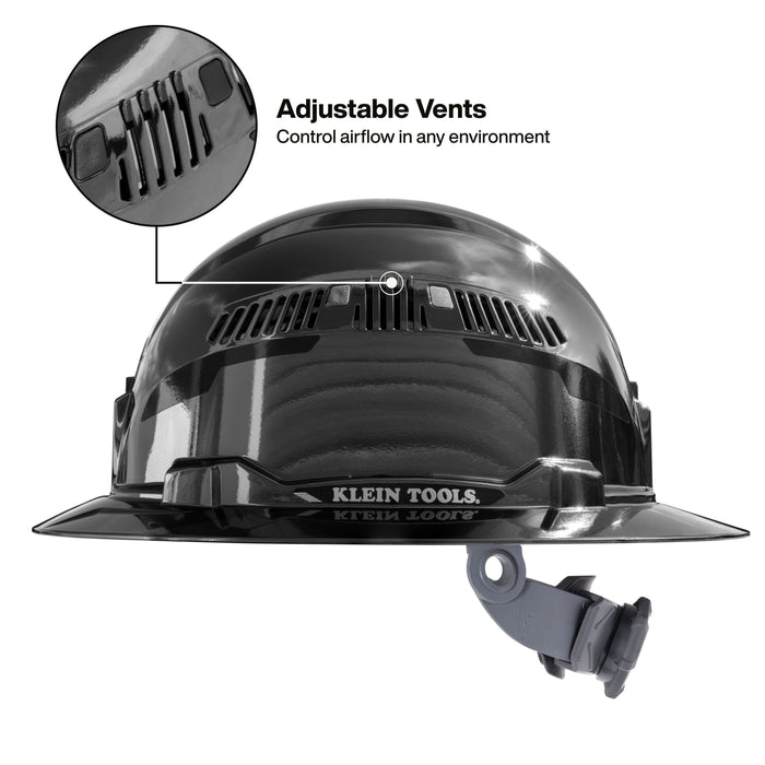 Klein Tools Hard Hat, REFLEKTOR Black Chrome, Vented Full Brim, Class C, Headlamp