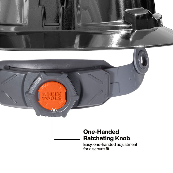 Klein Tools Hard Hat, REFLEKTOR Black Chrome, Vented Full Brim, Class C, Headlamp