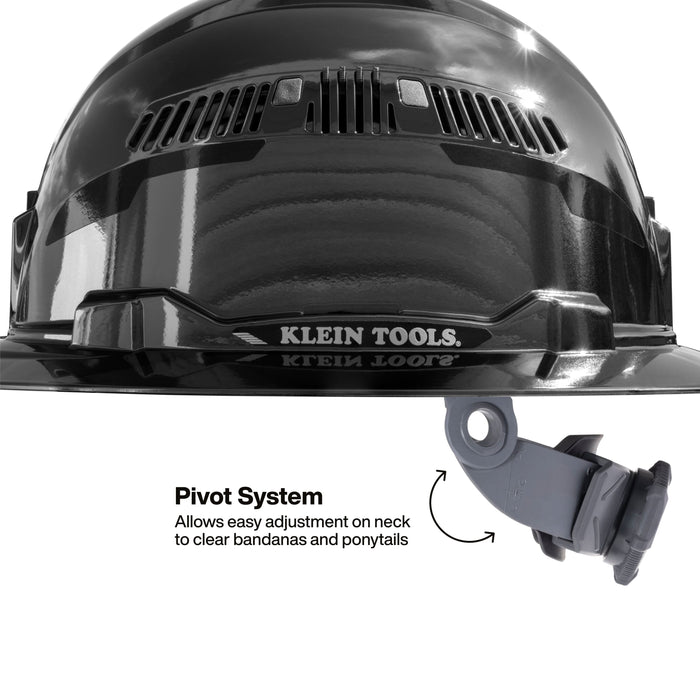 Klein Tools Hard Hat, REFLEKTOR Black Chrome, Vented Full Brim, Class C, Headlamp