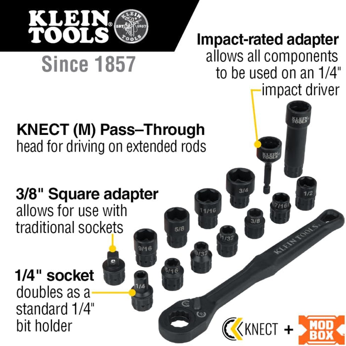 Klein Tools 8-1/2-Inch Drive Impact-Rated Pass Through Socket Set, 15-Piece, Model 65400