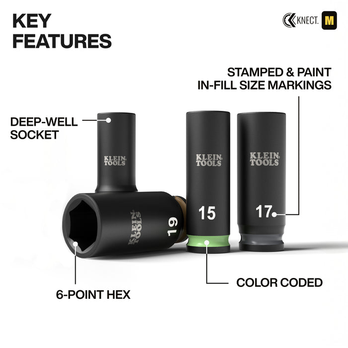 Klein Tools KNECT Deep-Well 3/8-Inch Drive Impact Socket Set, Metric, 9-Piece