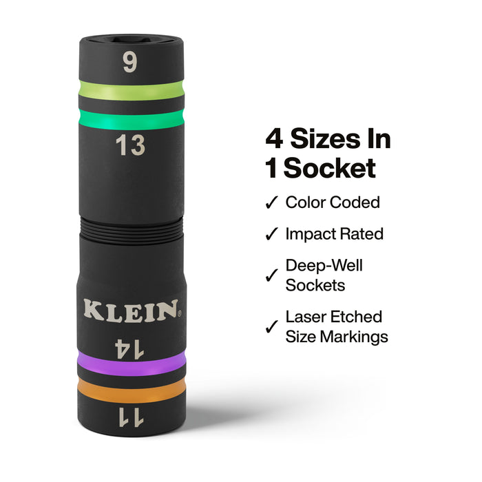 Klein Tools Quad-4 Heavy-Duty Impact Flip Socket, Metric, 6-1/2-Inch Shaft, 2-Piece