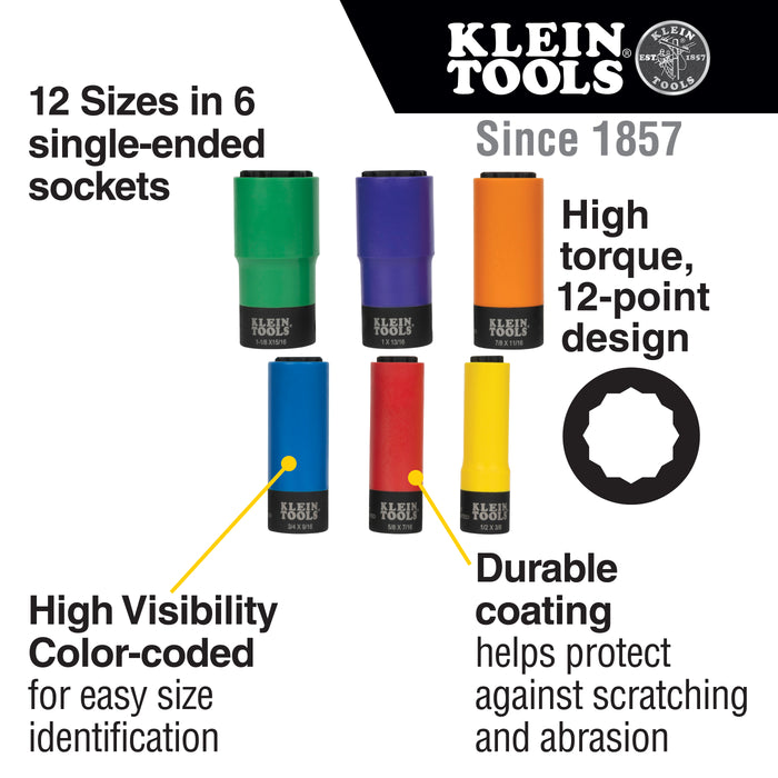 Klein Tools Coated Socket Set, 12-Point, 6-Piece, Model 66033*