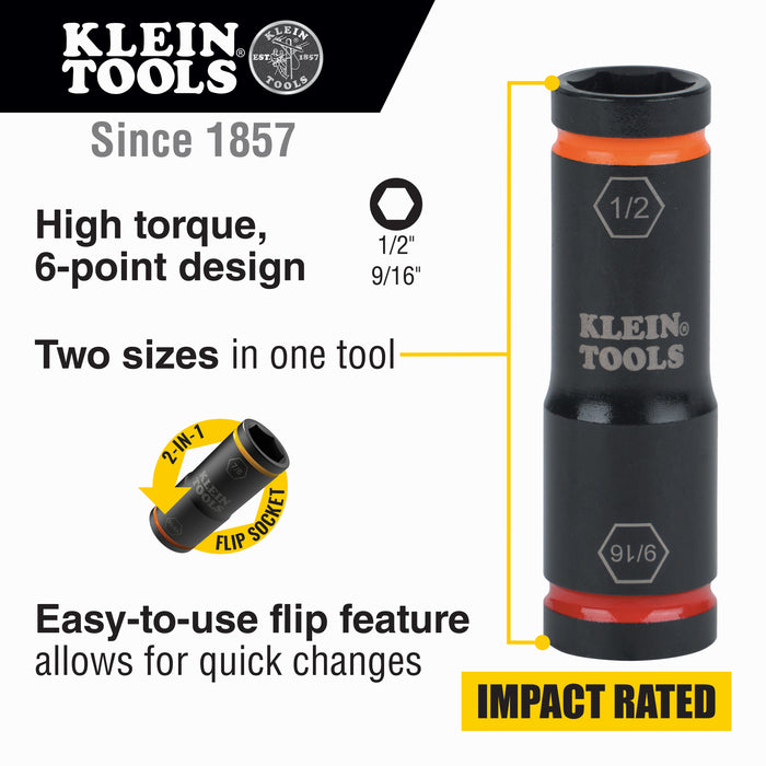 Klein Tools Flip Impact Socket, 9/16 and 1/2-Inch, Model 66076*