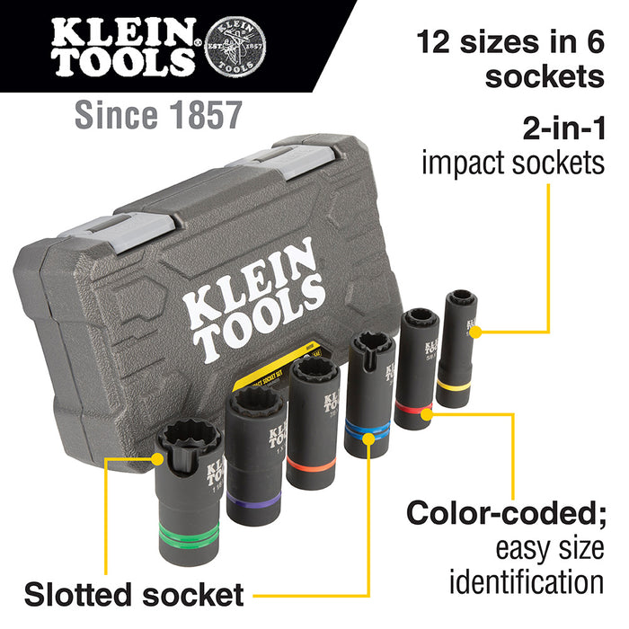 Klein Tools 2-in-1 Slotted Impact Socket Set,12-Point, 6-Piece, Model 66090*