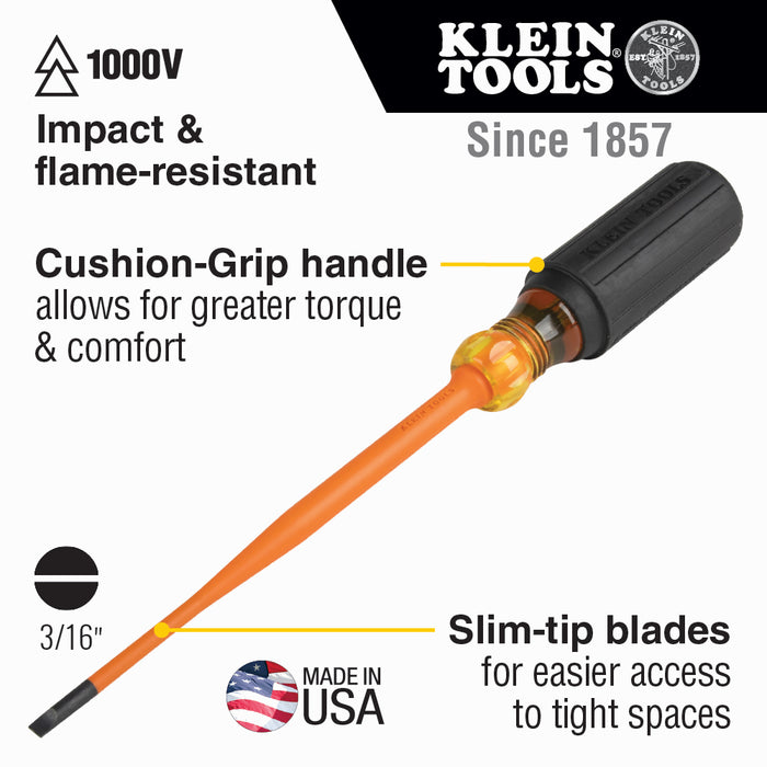 Klein Tools Slim-Tip Insulated Screwdriver, 3/16-Inch Cabinet, 6-Inch Round Shank, Model 6916INS*