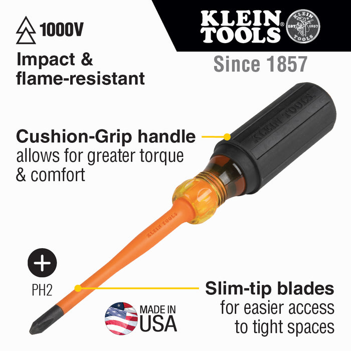 Klein Tools Slim-Tip Insulated Screwdriver, #2 Phillips, 4-Inch Round Shank, Model 6934INS*