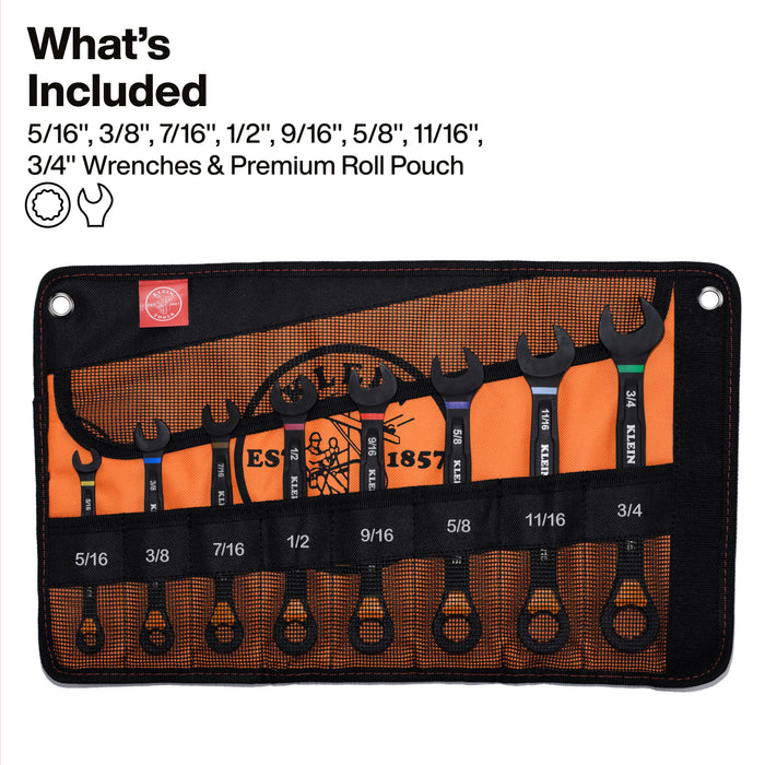 Klein Tools Ratcheting Combination Slide-Lock Wrench Set, SAE, 8-Piece