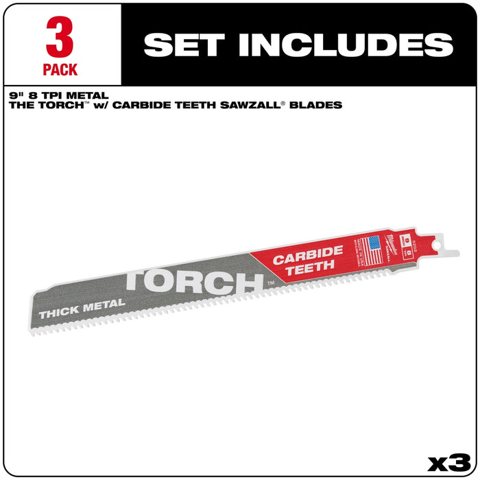 Milwaukee 9" 8 TPI TORCH™ with Carbide Teeth SAWZALL® Blades (3 PK)