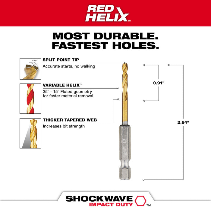 Milwaukee 1/8" SHOCKWAVE™ Impact Duty RED HELIX™ Titanium Drill Bit